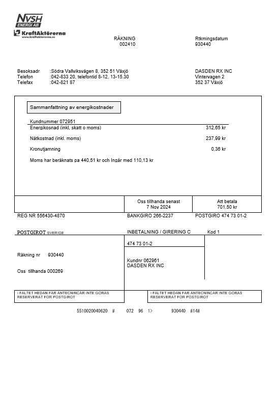 Sweden NVSH Energi business utility bill template in Word and PDF formats